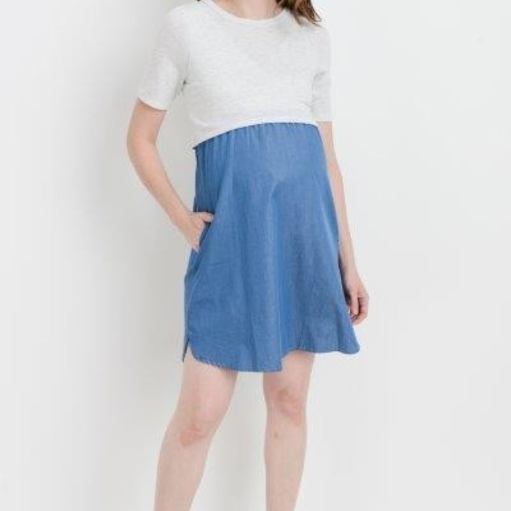 Women's light grey and denim blue round neck short sleeve maternity - nursing